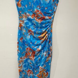 PrettyGarden Blue Floral Bodycon Midi Dress Ruched Sleeveless Women’s Size M